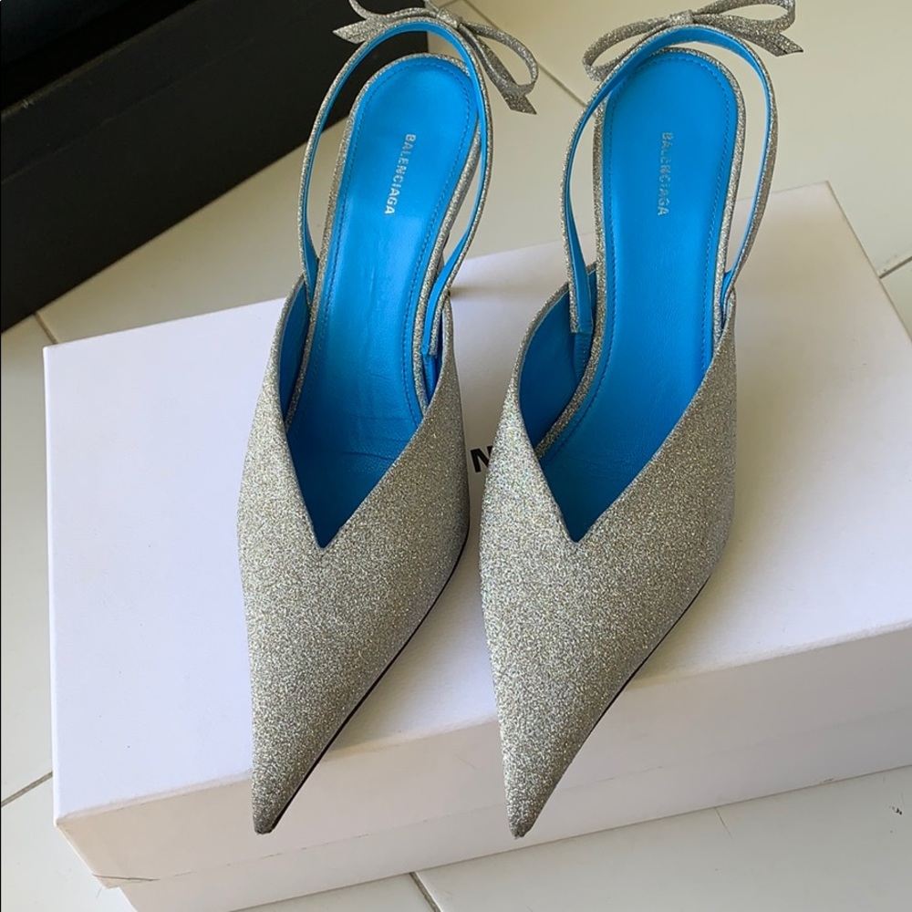 Balenciaga silver sling back heels 37